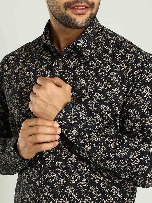 Indian Terrain Men's Regular Fit Full Sleeve Tropical Print Navy Shirt